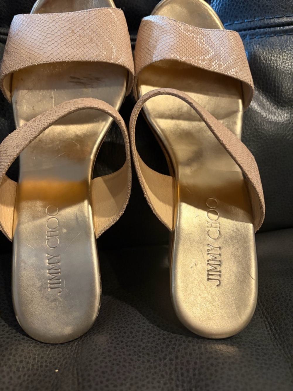 Jimmy Choo Beige Textured Leather Cork Wedge Slides - Picture 7 of 12